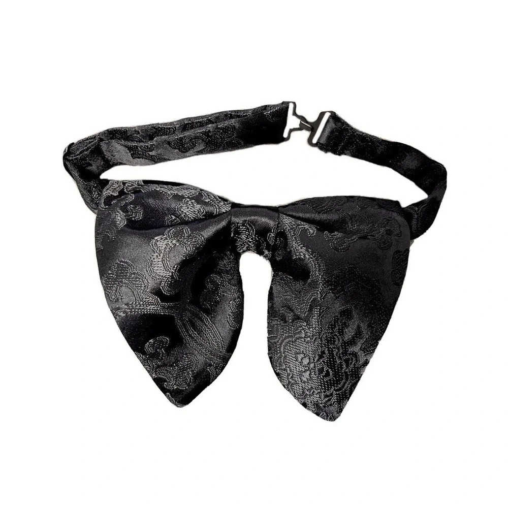 Handmade Oversized Black Brocade Bow tie Vintage style 70`s Wedding Prom